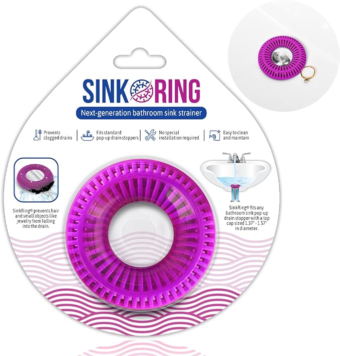 Bathroom Sink Hair Catcher for Pop-Up Drain – SinkRing 1.57" Precision Strainer for Bathroom Sink Drains | Clog-Free Hair Trap for Contacts, Earrings, Jewelry | No Suction or Screws – Purple