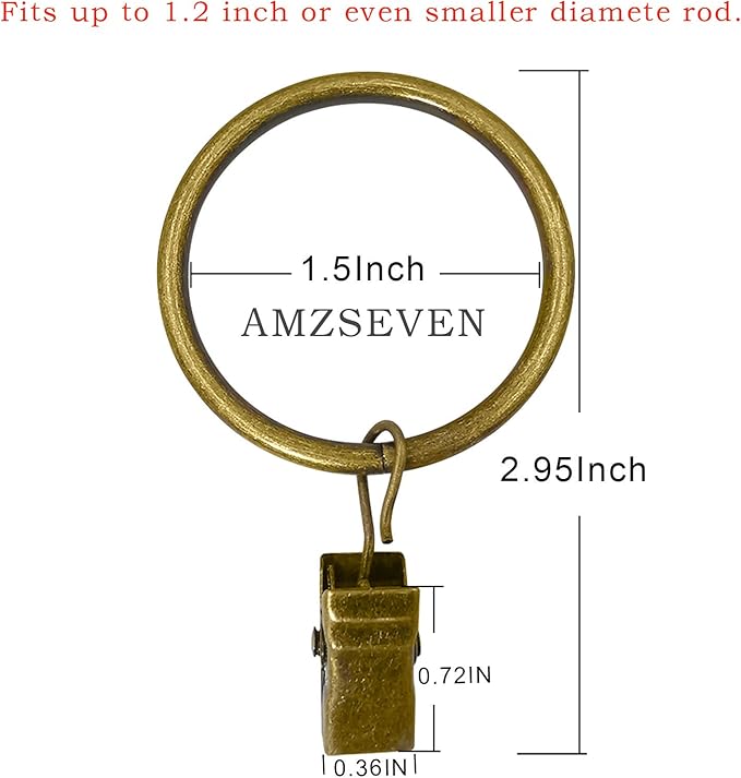 100 Pack Metal Curtain Rings with Clips, Drapery Clips Hooks, Decorative Curtain Rod Clips 1.5 in Interior Diameter, Antique Bronze