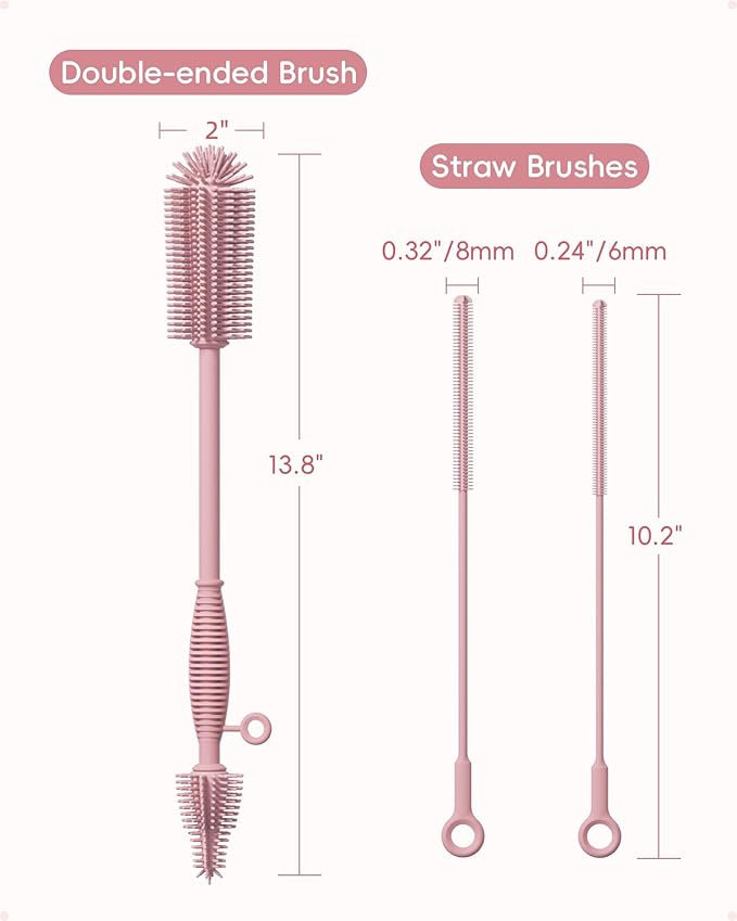 Silicone Cleaning Brush Kit,Water Bottle and Straw Cleaner Brush Set for Tumbler,Baby Bottle,Breast Pump Part,Nipple,Sippy Cup,Glass,Dishwasher Safe,BPA Free,3 Pcs