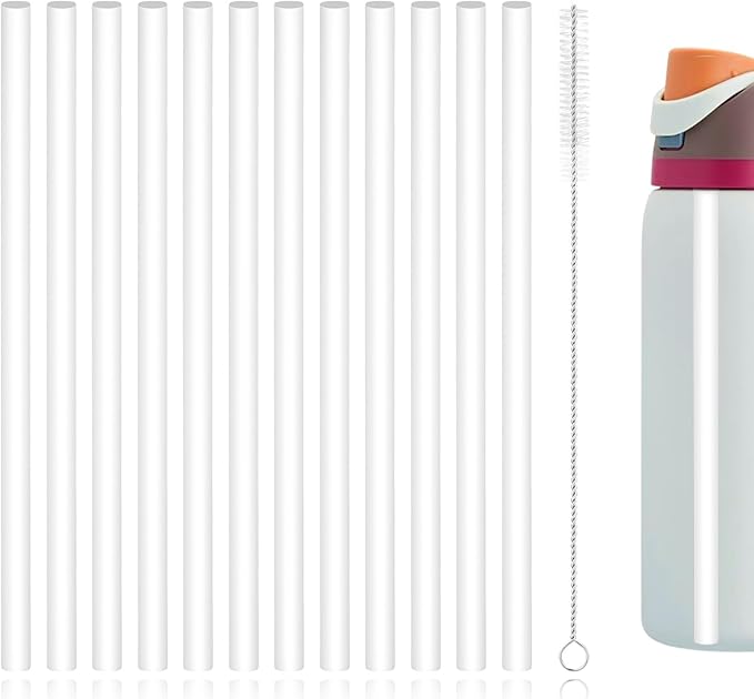 12pcs Replacement Straws for Owala, Reusable Plastic Straws with Cleaning Brush for Owala Water Bottle 24 oz 32 oz (White)