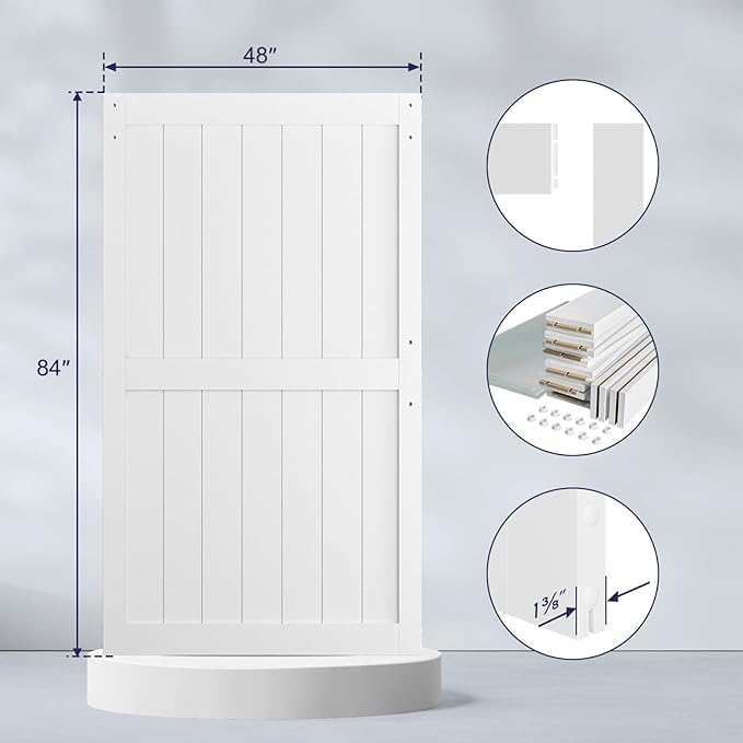 SmartStandard 48 x 84 inch White Sliding MDF Barn Door with 8FT Black Sliding Door Hardware Kit & Handle, Pre-Drilled Ready to Assemble, Waterproof PVC Coating, H-Frame