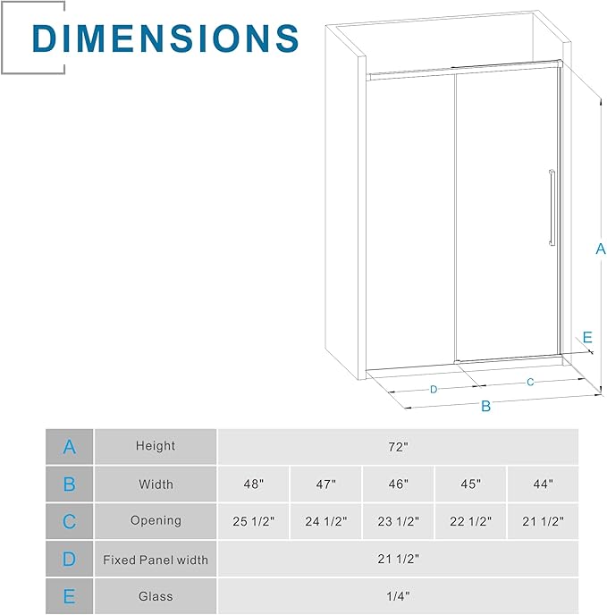 Semi-Frameless Shower Door 48" W x 72" H, 1/4" Clear Tempered Glass, Sliding Design, Reversible Installation, Matte Black Finish, Space-Saving Glass Shower Door for Small Bathrooms