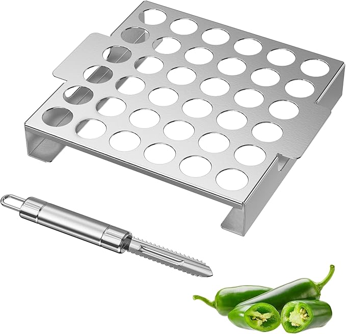 Skyflame Jalapeno Grill Rack with Handle and Chili Pepper Corer Tool - Large 36 Holes Capacity Stainless Steel Drumstick Chicken Wings Roaster for BBQ Smoker and Oven