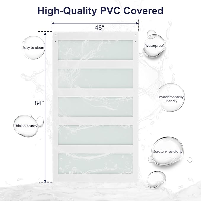 SmartStandard 48 x 84 inch Glass Barn Door with 8FT Brushed Nickel Sliding Hardware Kit & Handle, Pre-Drilled Ready to Assemble, Waterproof PVC Coating, White, 5-Panel Glass