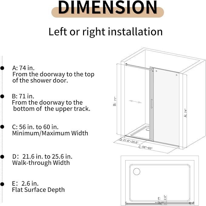 56-60" W x 74" H Frameless Sliding Shower Door, 5/16"(8mm) Clear Tempered Glass, Premium SUS304 Stainless Steel Hardware, Double Nano Coating, JVR-X02 (Brushed Gold)