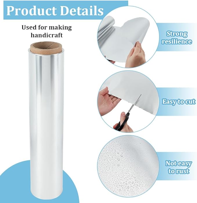BEUNITONE 8 Metre Heavy Duty Silver Foil Roll, 0.1mm Thick Flexible Aluminium Sheet for Embossing Art, DIY Craft Projects, Practical Home Repairs and Creative Gift Wrapping (11.8 inch X 26.3ft,Silver)