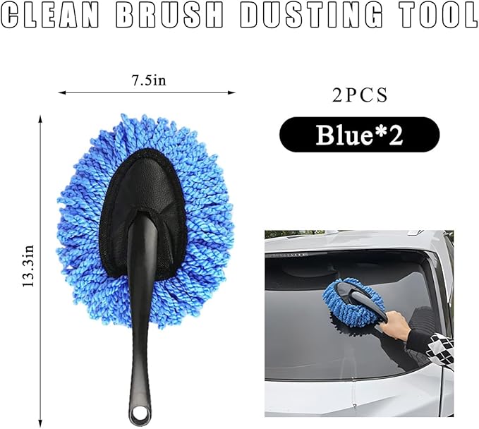 2 PCS Car Dash Duster Brush, Super Soft Microfiber Multi-Functional Car Cleaning Brush, Scratch Free Dash Dusting Tool with a Anti-Skid Handle for Vehicle Home Kitchen Cleaning (Blue)