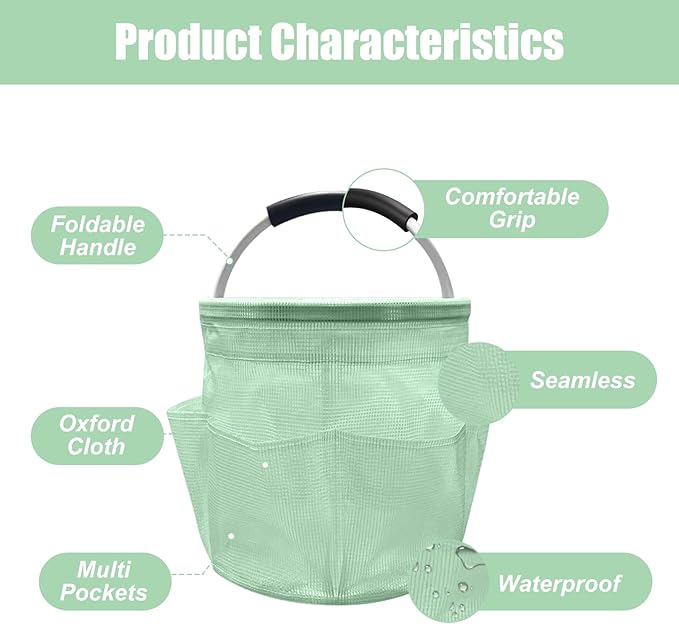 17L Cleaning Caddy with Handle, Foldable Cleaning Supply Caddy with 6 Pockets Cleaning Caddy Bag for Outdoor Camping Garden Harvest Basket Bathroom Storage (Clear Green)