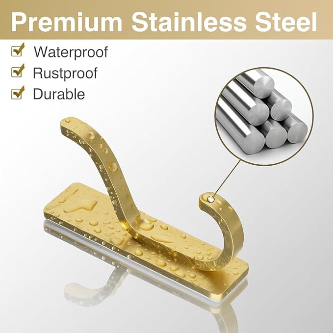 niffgaff Wall Hooks for Coat and Towel: 13lb Adhesive Door Hanger Stick On, Sticky Hook for Wall, Closet, Bathroom - Stainless Steel, Brushed Gold, 10 Pack