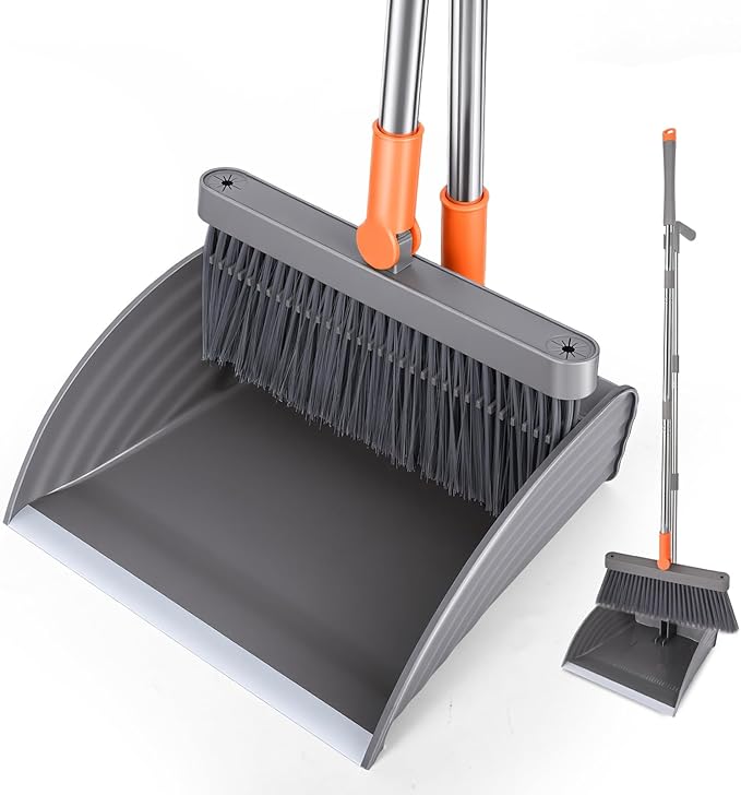 Ease of Assembly Broom and Dustpan Set, Self Cleaning with Metal Dustpan Teeth, Indoor&Outdoor Sweeping, Ideal for Dog Cat Pets Home Use, Stand Up Broom and Dustpan, Orange&Grey