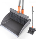 Ease of Assembly Broom and Dustpan Set, Self Cleaning with Metal Dustpan Teeth, Indoor&Outdoor Sweeping, Ideal for Dog Cat Pets Home Use, Stand Up Broom and Dustpan, Orange&Grey