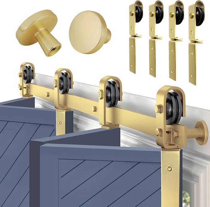 Rio Salto Gold Bifold Sliding Barn Door Hardware Kit Heavy Duty Metal Track System with Matching Knobs Gold Bi-Fold Barn Door Bifold Closet Panel, Bi-Folding 64" Track for 4 Doors, 4 Rollers No Door