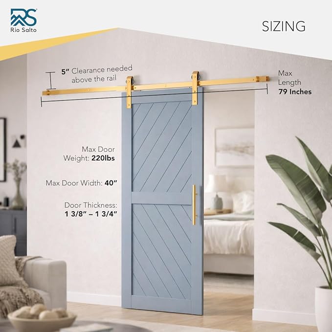 Rio Salto Gold Barn Door Hardware Kit Sliding Door Hardware Modern Barn Interior Closet Pantry Brushed Brass Panel Hardware Handle Bar Floor Guide Hardware Kit Plus, 6ft 7in for Single Panel - NO DOOR