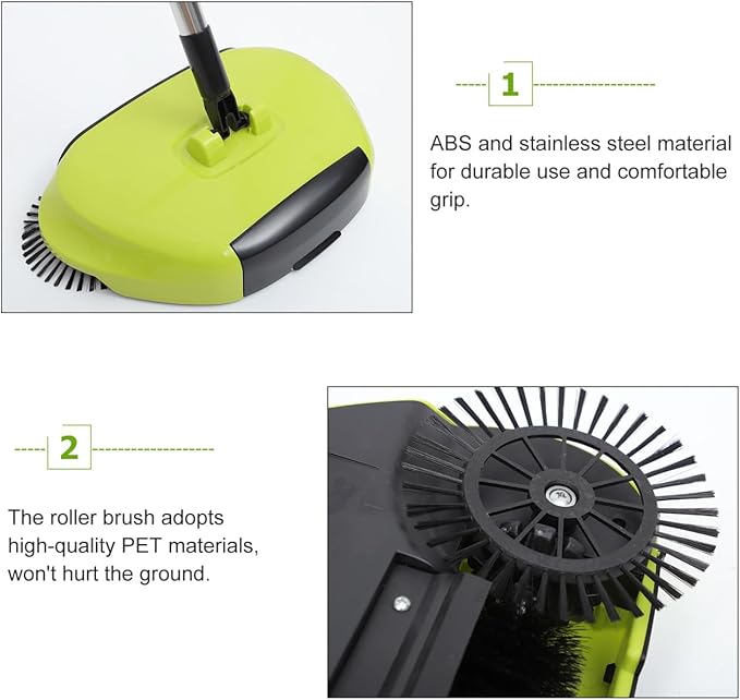 Manual Push Floor Sweeper Broom, Hand Push Sweeper with Enclosed Dustpan Bin, 3‑in‑1 360° Rotating Floor Cleaning Brush Mop Machine Adjustable Handle Vacuum‑Free for Tile Hardwood Carpet Green