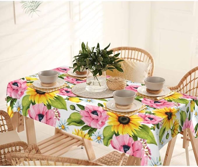 Sunflowers Yellow Table Cloth 52x70 Yellow Pink Sunflower Poppies with Leaves Tablecloth Rectangle Table for Dining Kitchen Banquet Party Decorative Outdoor Picnic