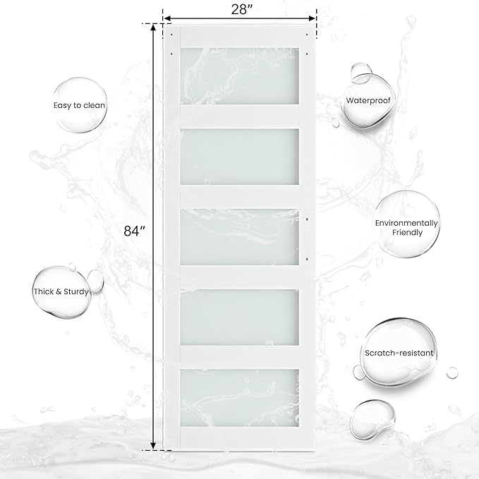SmartStandard 28 x 84 in Glass Barn Door with 5FT Sliding Hardware Kit & Handle, Pre-Drilled Ready to Assemble, Waterproof PVC Coating, White, 5-Panel Glass
