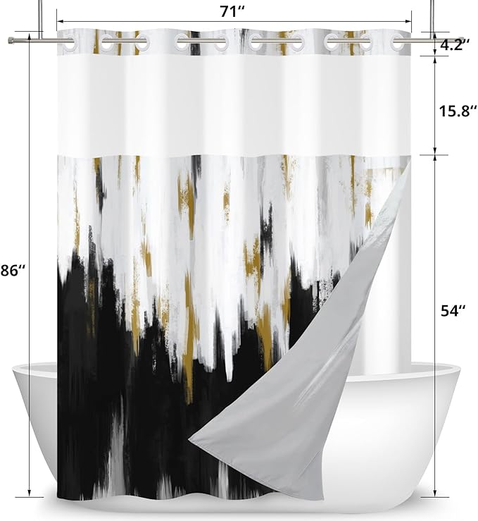 No Hook Shower Curtain with Snap in Liner, Hotel Style Black White Gold Brush Strokes Art Modern Shower Curtain Waterpoof Washable with See Through Top Window,71"x86"
