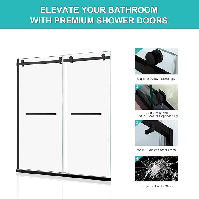 Milano Shower Door, 60" W x 74" H Framed Double Sliding Shower Door 5/16"(8mm) Clear Tempered Glass, 18 inch Pull Handle, Stainless Steel Hardware, Matte Black Finished