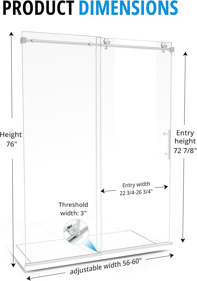 Frameless Sliding Shower Door 56–60 in W x 76 in H, 10mm Clear Tempered Glass Shower Doors Glass Sliding 60 Inches, Single Nano Coating, Stainless Steel Hardware, Silent Smooth Rollers, Brushed Nickel