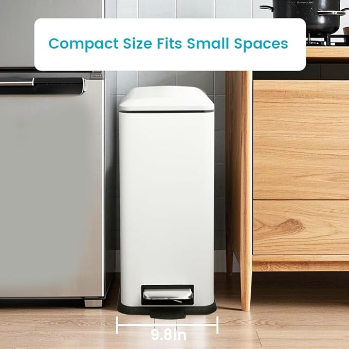 8 Gallon Trash Can with Lid, Stainless Steel Kitchen Trash Can with Removal Inner Bucket, Soft Close & Stay Open, Step Trash Bin for Kitchen, Office, Laundry, Bathroom, 30 Liter, White