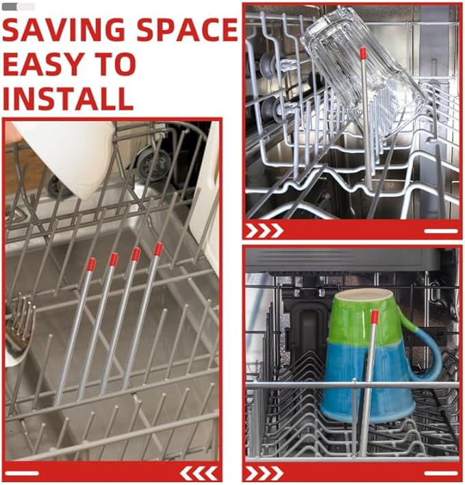 Unomor 6Pcs Stainless Steel Dishwasher Insert Draining Sticks Bottle Holder Rods for Dishwasher Accessories Fits Standard Bottle Racks Space-Saving Design for Wine Glasses Soda