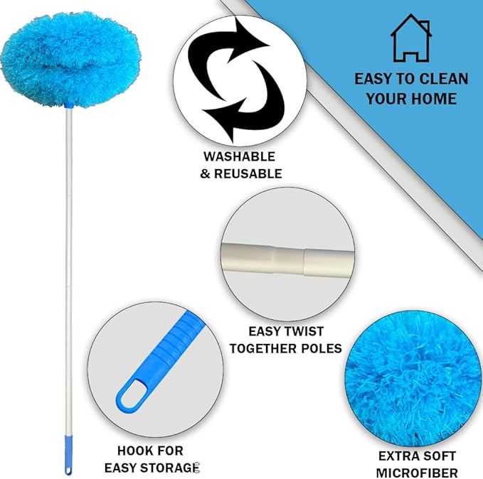 Evelots Ceiling Fan Blade Brush Cleaner - Long Extension Pole - Brush Both Sides at The Same Time - Scratch Resistant Microfiber Feather Cobweb Duster - Extra Long with Reach up to 12 Feet