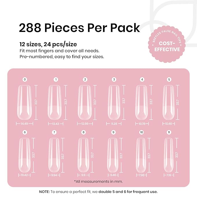 Beetles Gel Nail Tips Long Square 12 Sizes, 288Pcs Pre Shaped Half Matte Press On Nails Gelly Tips False Nails for Gel Nail DIY Art Nail Extensions Acrylic Nails Gift