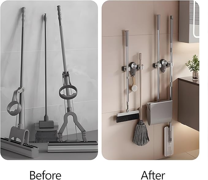 Broom Holder Mop Hanger Wall Mount, No Drill Suction Cup Mop and Broom Organizer with Hooks, Space Saving Adjustable Rack Removable Mop Clip for Bathroom, Kitchen, Garage, Laundry Room (White)