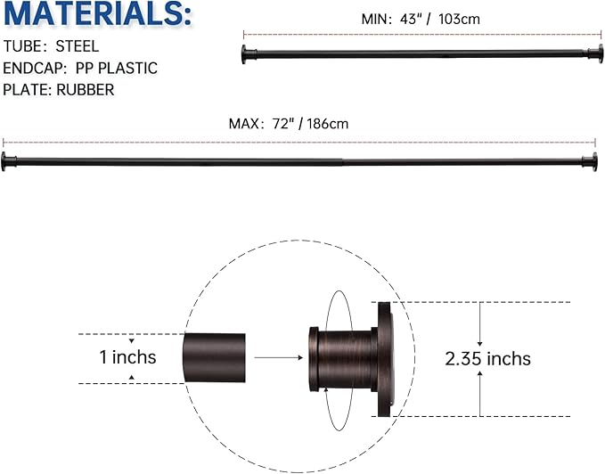 BRIOFOX Industrial Shower Curtain Rod - Never Rust Non-Slip 43-72 Inch Stainless Steel, Bronze, Painted-gold Finial