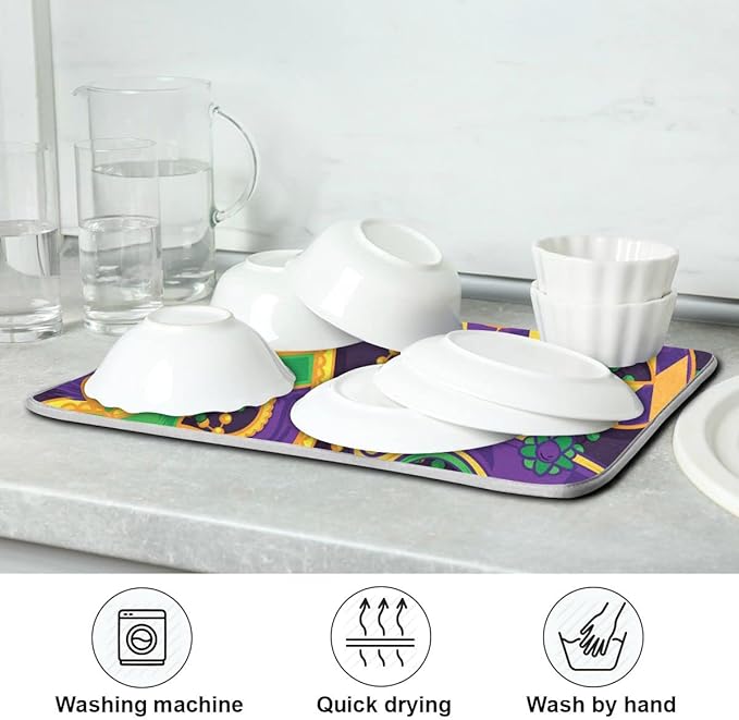 Mardi Gras Dish Drying Mat for Kitchen Mask Beads Confetti Masquerade Party Microfiber Drying Mats Absorbent Reversible Dish Pad Medium Dish Draining Mat 16x18 inch
