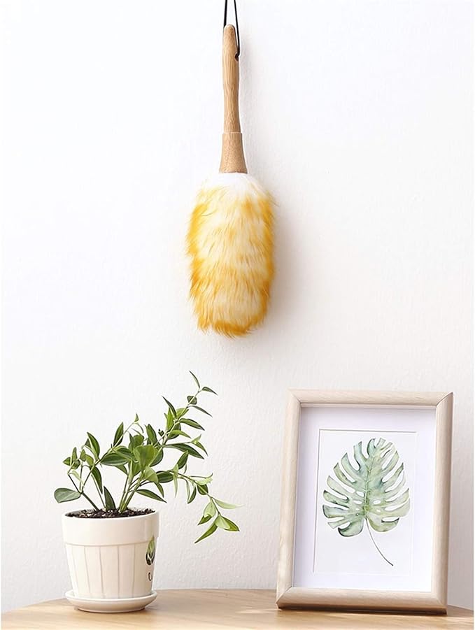Household Lambswool Duster with Solid Wooden Handle, Good Grips, Anti-Static, Flexible, Feather Duster for Home, Office and Car(C)