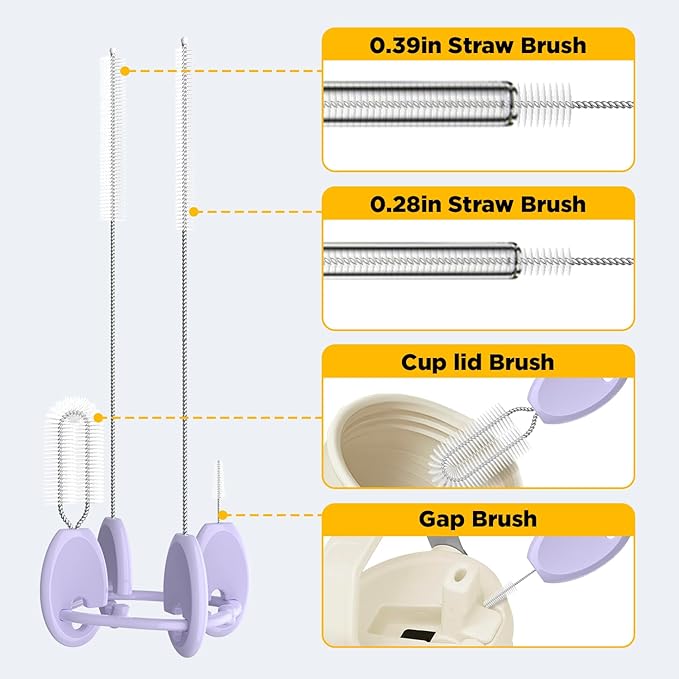 Straw Brush Set, 4 Piece Cleaner Kit with Standable Key Ring for Reusable Straws, Tumblers & Water Bottles – Designed for Kids & Adults, Purple