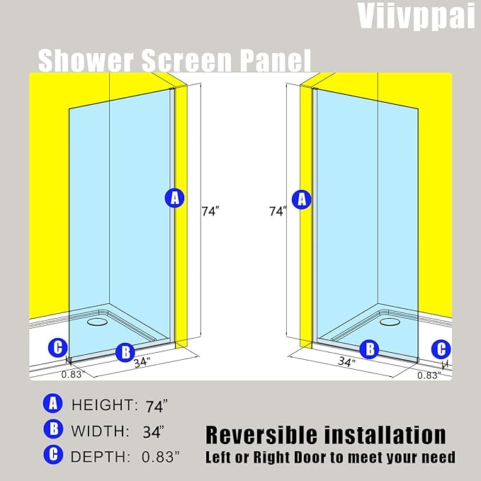 Shower Screen 34" x 74" Half Frameless Shower Wall Panel, Tempered Glass 3/8 inch, Easy to Clean Coating, Fixed Glass Shower Door with Hardware (Chrome)