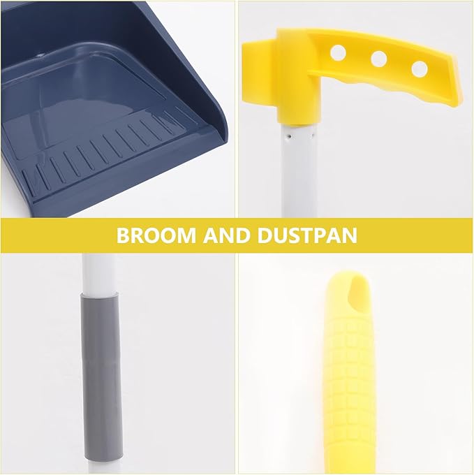 Stand Up Dustpan and Broom Set - Long Handle Broom with Upright Standing Dust Pan - Angled for Indoor Outdoor Home Kitchen Office Floor Cleaning (Blue)