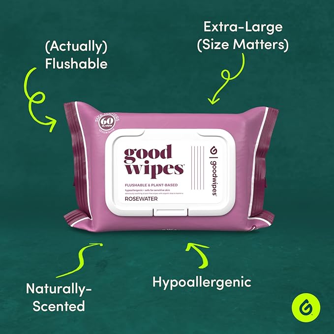 goodwipes Flushable Butt Wipes Made with Vitamin E & Aloe – Soft & Gentle Wet Wipe Dispenser for Home Use, Septic & Sewer Safe – Largest Adult Toilet Wipes – Rosewater, 60 Count