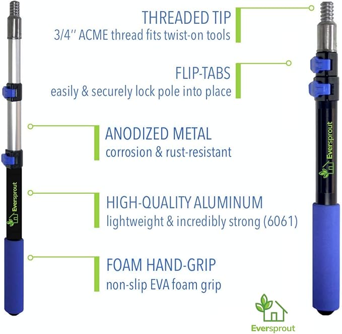 EVERSPROUT 8-10 Feet Standing Reach | 1.5-to-3 Foot Cobweb Duster and Extension-Pole Combo & Lightweight 3-Stage Aluminum Pole | Hand-Packaged Indoor/Outdoor Use Brush Attachment