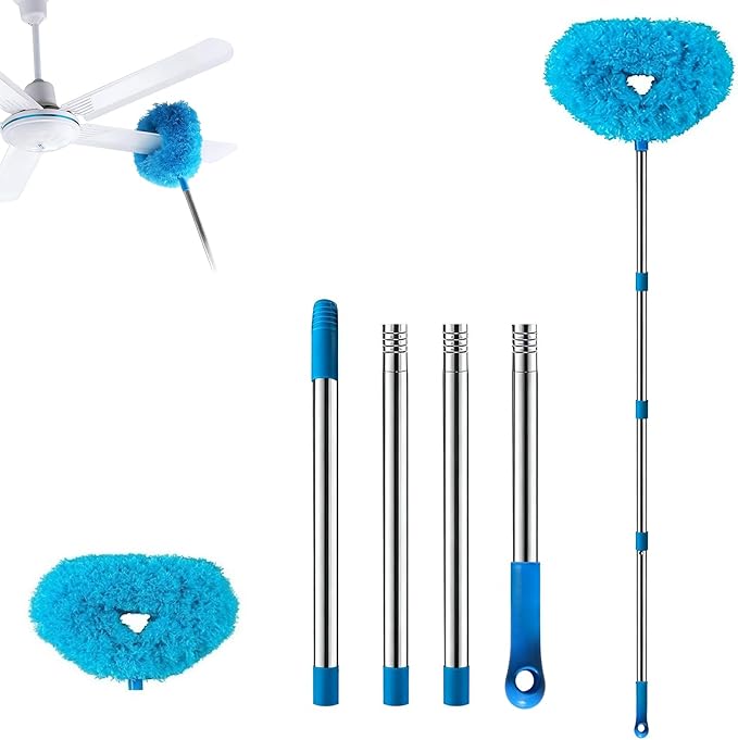 Ceiling Fan Cleaner Duster, Adjusts 16.3 to 62.6 Inch Cobweb Duster with Extension Pole, Fan Cleaning Brush, Fan Blade Cleaner, Suitable for Cleaning Walls, Window, Bookshelves, Door, Top (Blue)