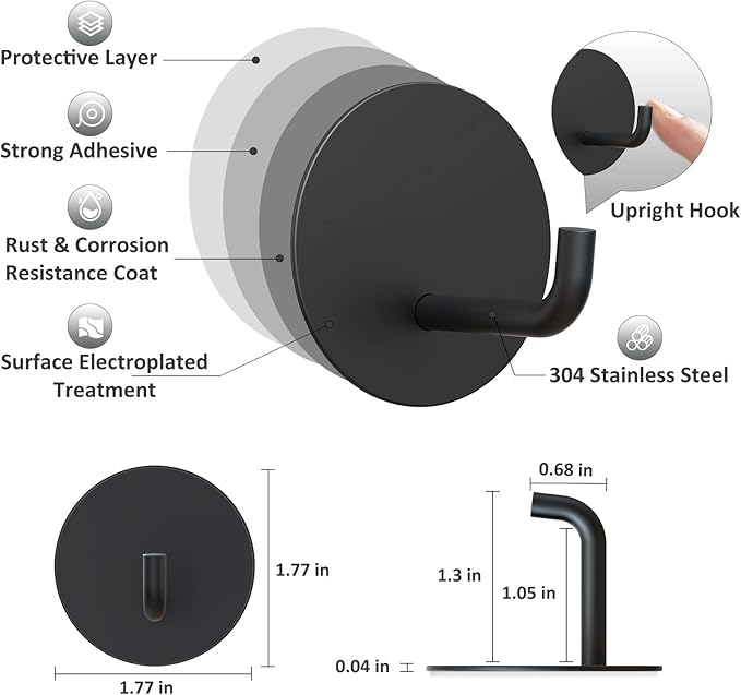 VIS'V Adhesive Hooks, Small Metal Shower Wall Stick on Hooks, Waterproof, 2 Extra Adhesive Strips, Round, Black, 4 Pcs