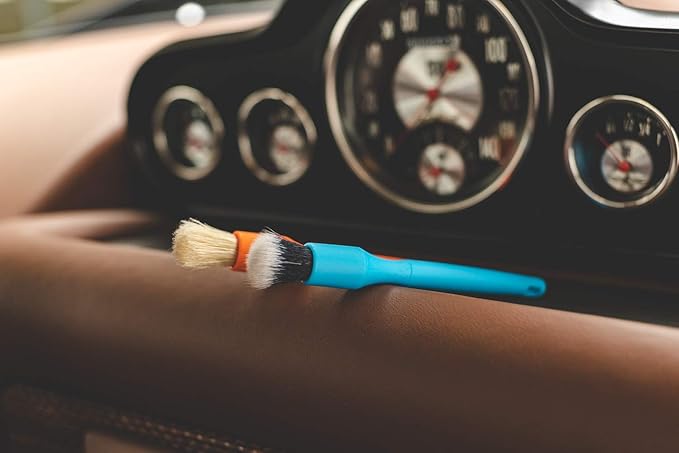 Detail Factory - Crevice Mini Detailing Brush Combo Kit - One Boar's Hair Brush + One Ultra-Soft Synthetic Brush, Heavy Cleaning Action for Small Spaces, Orange + Blue (2-Pack)