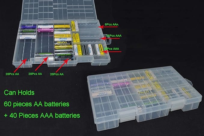 RUIAN Battery Storage Box for AA AAA Batteries, 100 Capacity Clear Plastic Organizer Container with Secure Snap-Lock, Portable Travel Case Holds 60 AA and 40 AAA Cells, 9.9x6.3x1.45 inches