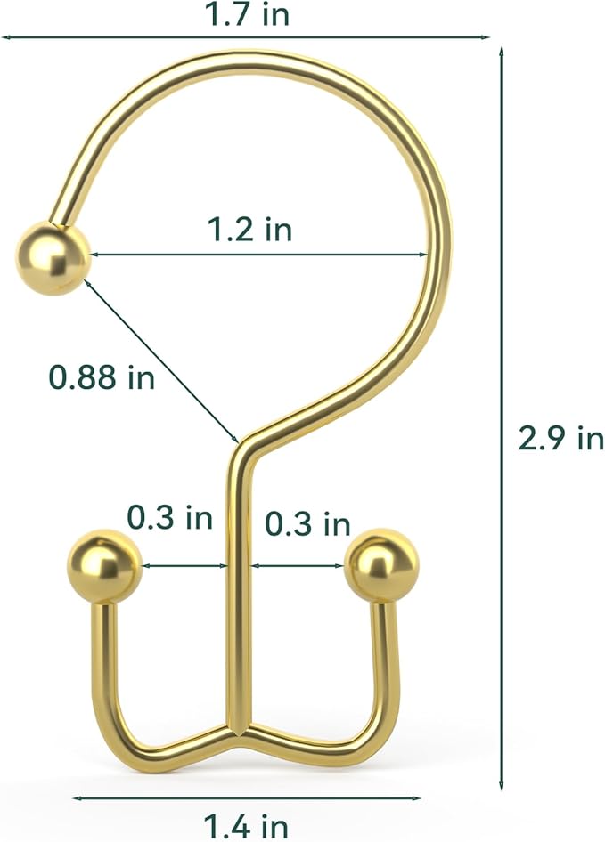 Goowin Shower Curtain Hooks, 12 Pcs Shower Curtain Rings, Durable Gold Shower Curtain Hooks, Double Glide Shower Curtain Rings Rust Proof, Simple Shower Hooks for Shower Curtain & Liner, Gold