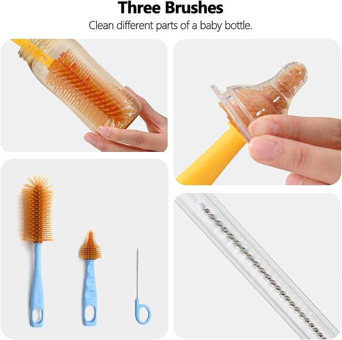 Portable Baby Bottle Brush Kit Premium Silicone Bottle Cleaner Brush, Nipple Brush, Straw Brush, Soap Dispenser, Bottle Drying Rack, and a Storage Organizer Case for Both Home and Travel Uses (Blue)
