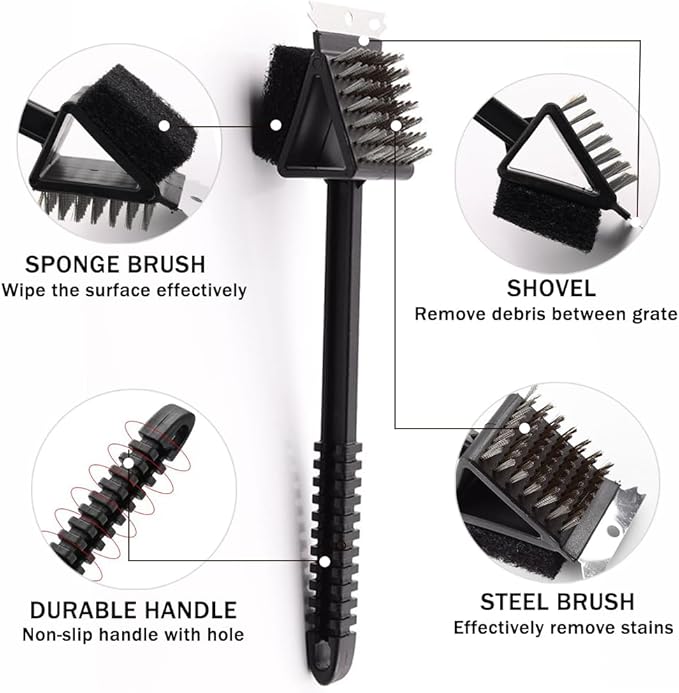 3-in-1 BBQ Grill Cleaning Brush, Brush Outdoor BBQ Cleaner Accessories Brush Wire Scrubber,Scraper and Scrub Pad in One Tool