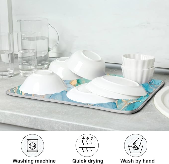 Marble Dish Drying Mat for Kitchen Counter Blue Teal Turquoise Gold Drying Mat 16 x 18 Inch with High Absorbent Reversible Microfiber Dish Drying Pad Dish Rack Pad Drainer Mat for Coffee Bar