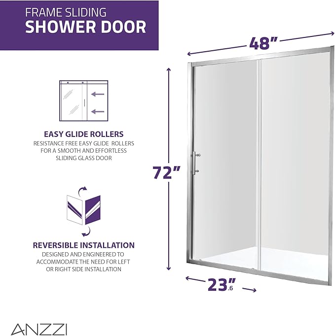 ANZZI 72 x 48 inch Framed Shower Door in Brushed Nickel | Halberd Water Repellent Glass Shower Door with Seal Strip Parts | Easy Glide Rollers Sliding Shower Door | SD-AZ052-01BN