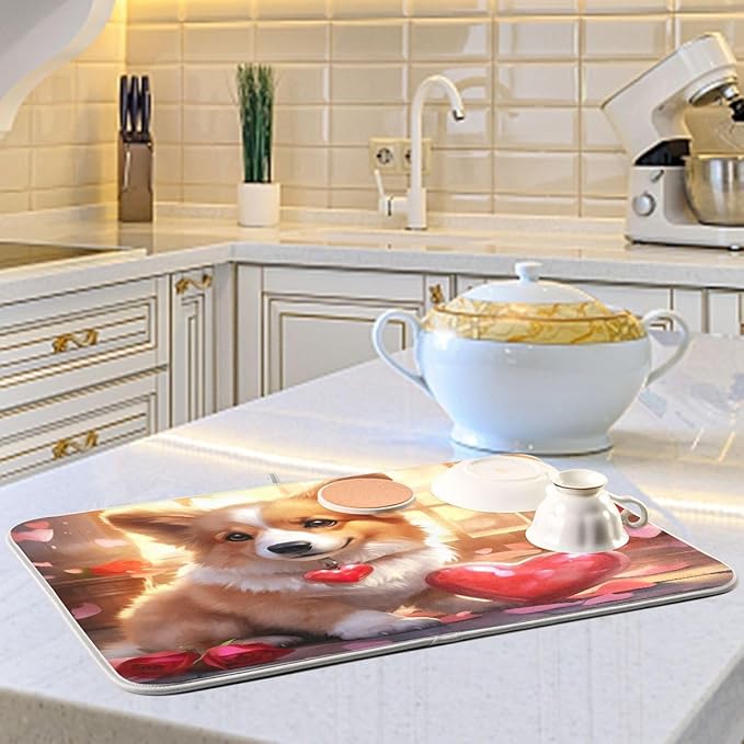 Dish Drying Mat Kitchen Counter Absorbent Valentine Corgi Coffee Sink Mat Dish Drainer Pad 18 Inch x 24 Inch
