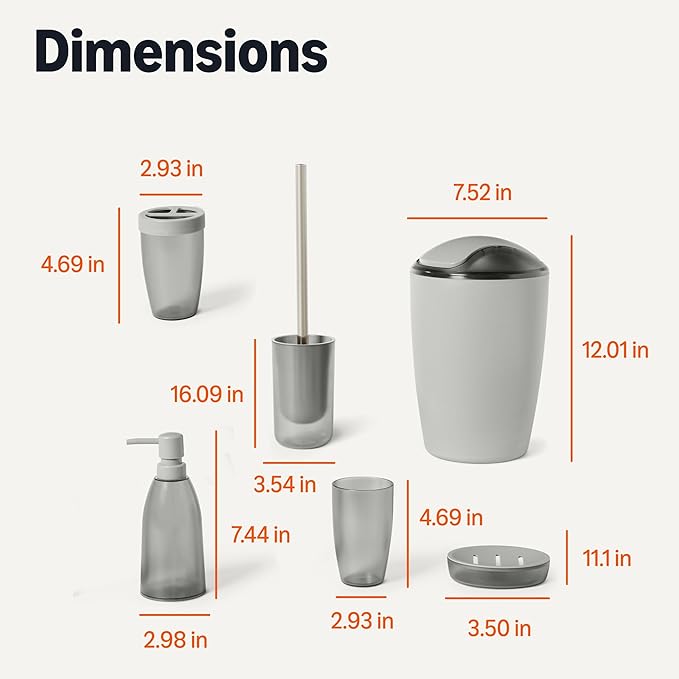Amazon Basics 6-Piece Bathroom Accessory Set with Toothbrush Holder, Soap Dispenser, Soap Dish, Toothbrush Cup, Trash Can and Toilet Brush & Holder, Grey
