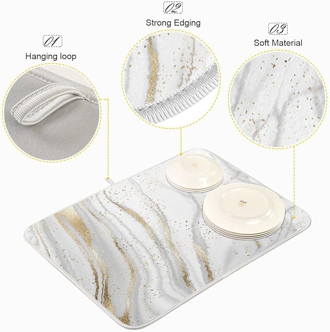 Marble Dish Drying Mat for Kitchen Counter White Golden Marble Gary Grey Drying Mats Super Absorbent Reversible Microfiber Kitchen Countertop Protector Dishes Pad Large 18x24 inch
