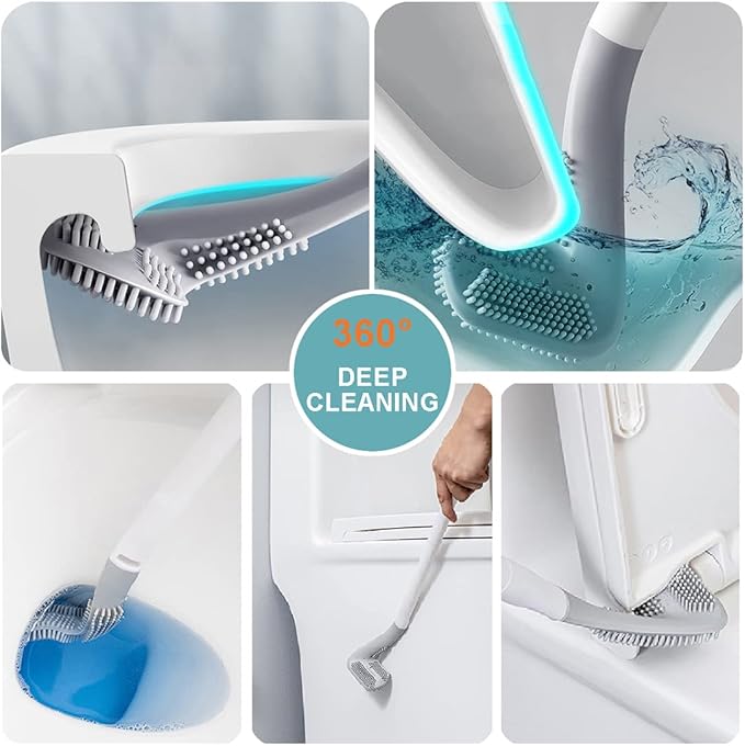 Toilet Brush, Long Handle Golf Toilet Brush with Holder 360° Deep Cleaning Flexible Silicone Toilet Cleaner Brush Wall Mounted for Bathroom (2Pcs Grey)