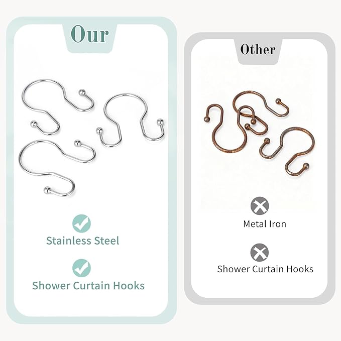Goowin Shower Curtain Hooks, 12 Pcs Shower Curtain Rings, Stainless Steel Shower Curtain Hangers, Metal Shower Curtain Hooks Rings Rust Proof, Minimalist Shower Hooks for Shower Curtain, Chrome